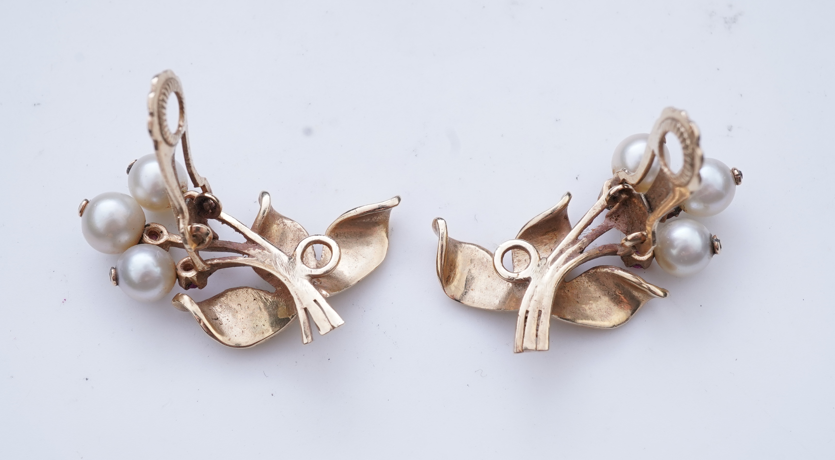 A pair of Retro cultured pearl and ruby ear clips, 1940s